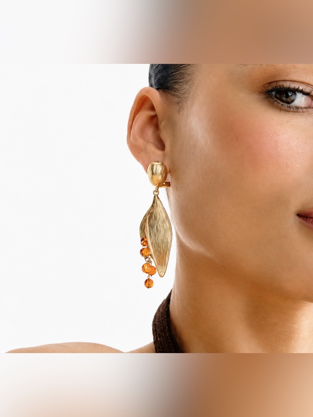 Zara NWT Gold Leaf Drop Earrings with Amber Beaded Accents